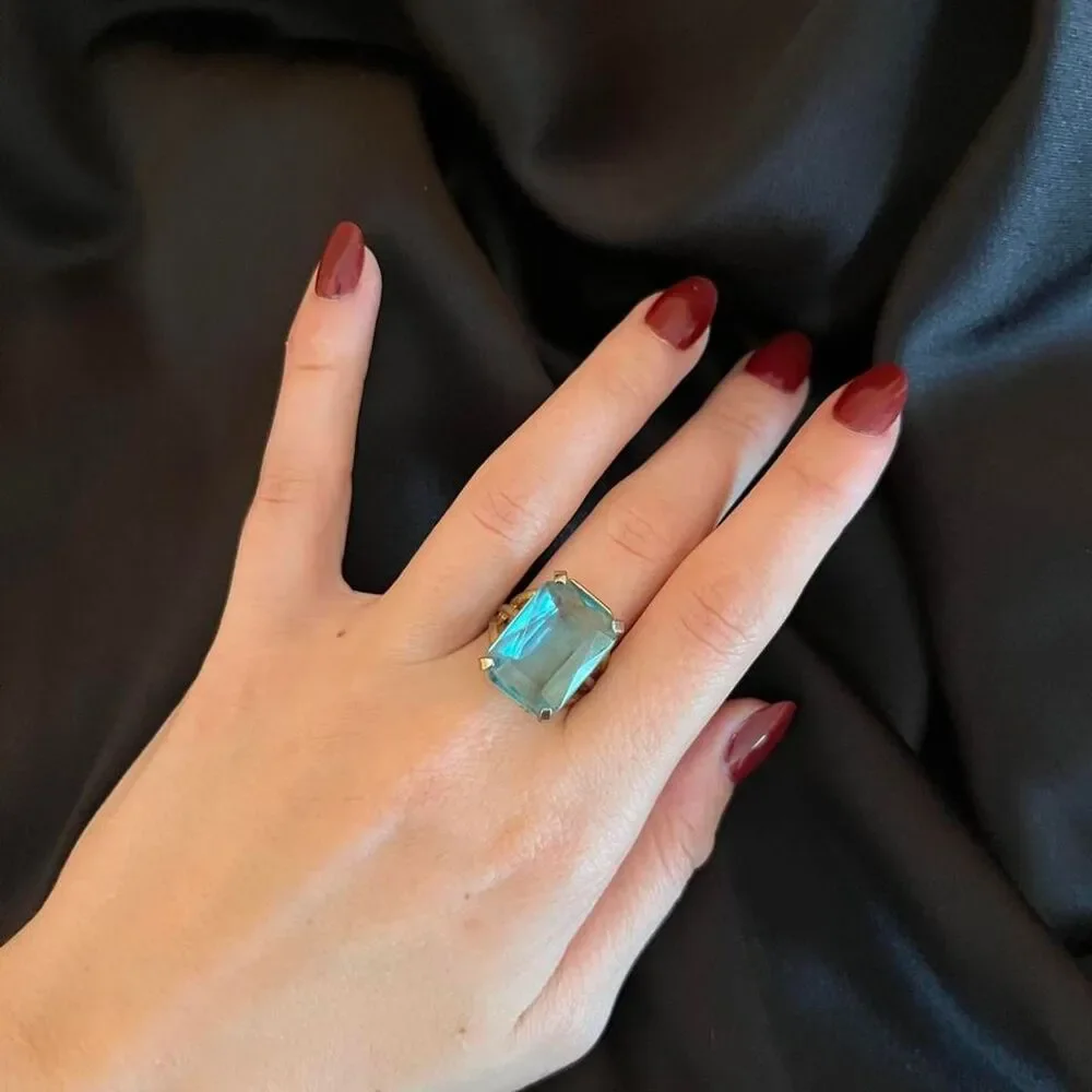 Vintage 1940s Cocktail Ring Costume Jewelry Aquamarine-Look Stone Adjustable